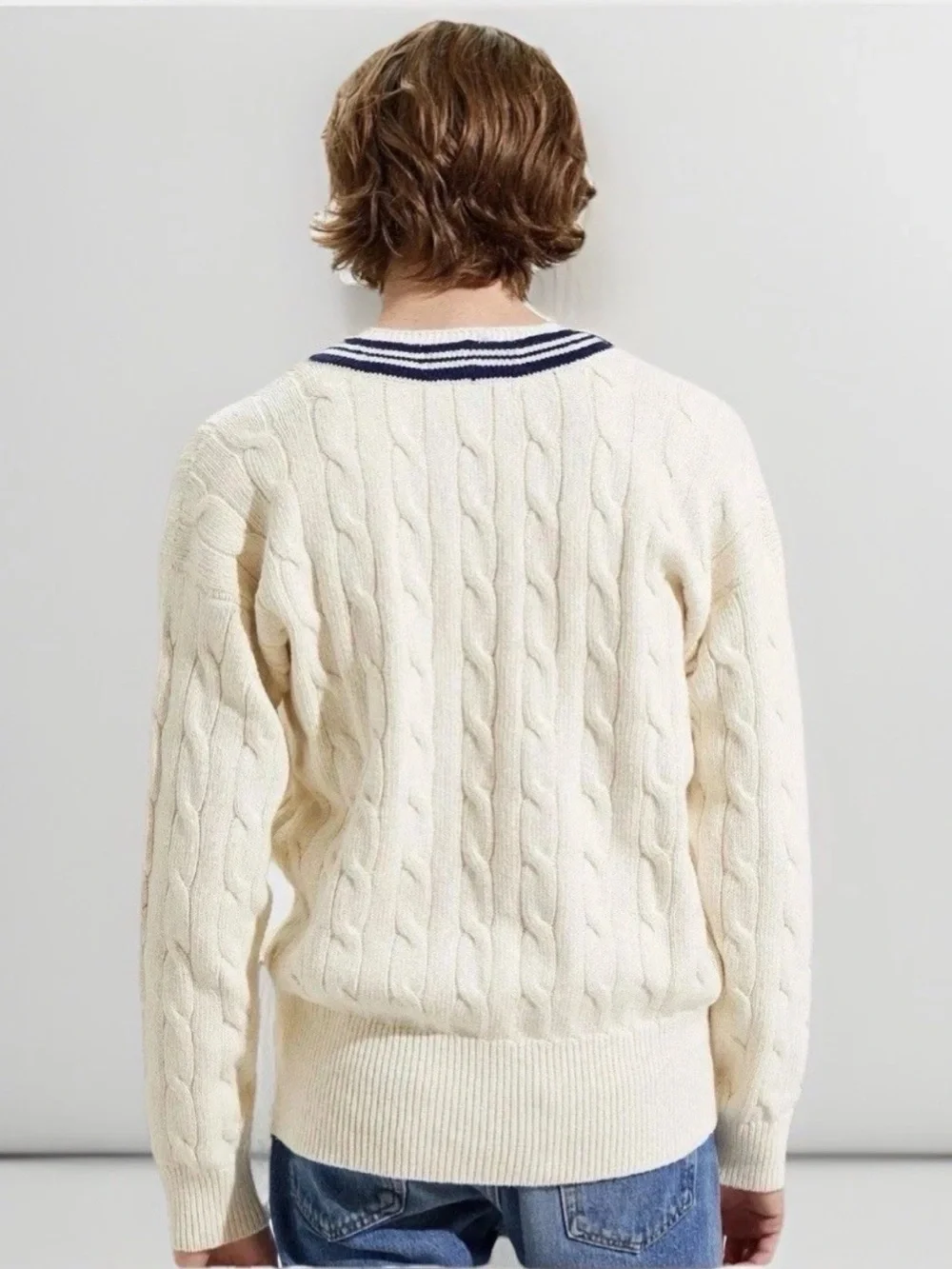 Polo by Ralph Lauren White Cable-Knit V-Neck Sweater with Navy Trim